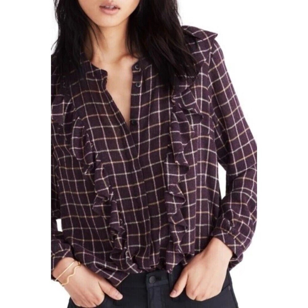 Madewell Wool Plaid Ruffle Front Blouse Metalic Glitter Purple Size Small
